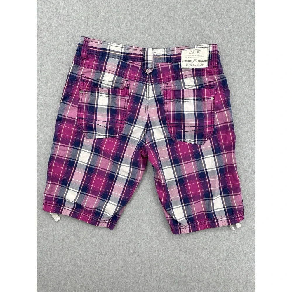 Esprit Mens W33 Plaid Cargo Shorts Pink Navy Cotton Drawstring Y2K